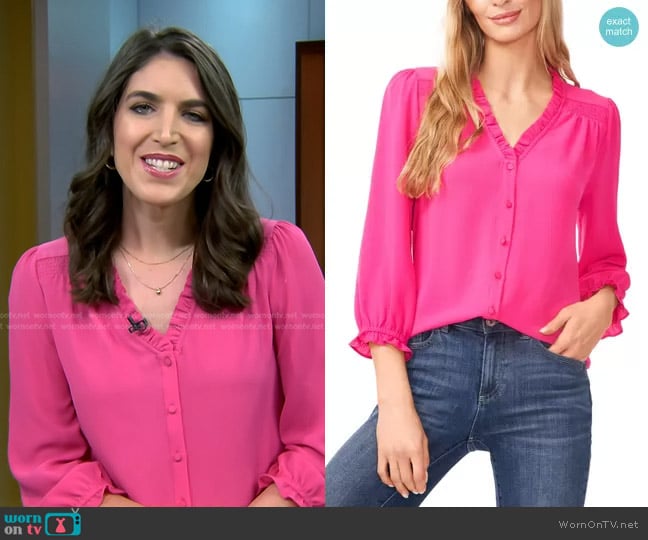 Cece Ruffled Button-Front Elbow Sleeve Blouse in Pink worn by Liz Kreutz on Today
