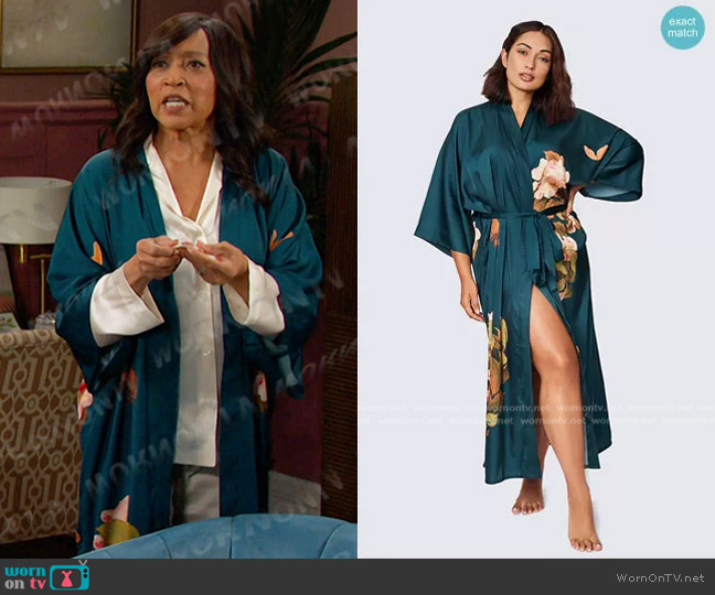 Kim + Ono Charmeuse Kimono in Peony & Butterfly / Vintage Teal worn by Paulina Price (Jackée Harry) on Days of our Lives