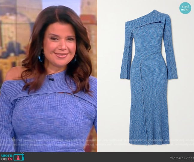Cult Gaia Rosalia asymmetric space-dyed ribbed-knit midi dress worn by Ana Navarro on The View