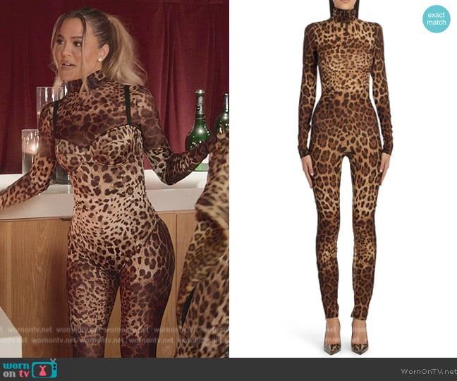 Dolce and Gabbana Kim Leopard Print Silk Stretch Chiffon Catsuit worn by Khloe Kardashian (Khloe Kardashian) on The Kardashians