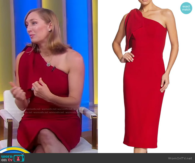 Dress the Population Tiffany One-Shoulder Midi Dress in Garnet worn by Deena Margolin on Good Morning America