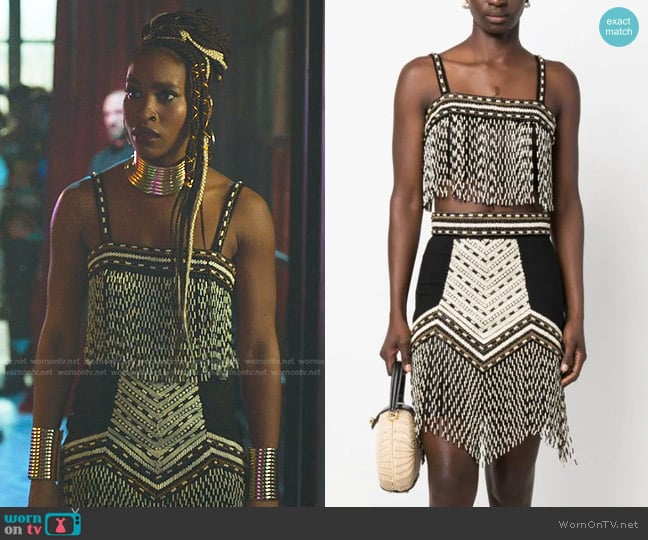 Elisabetta Franchi Bead-Embellished Crop Top worn by Rocío (Ana Bokesa) on Elite