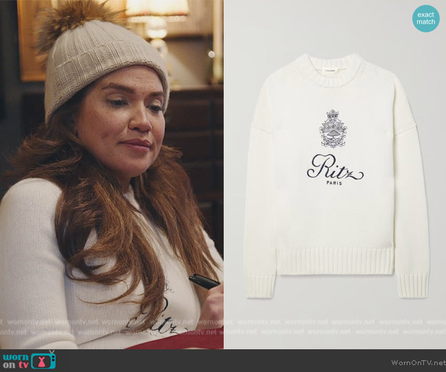 Frame Ritz Paris embroidered cashmere sweater worn by Brynn Whitfield on The Real Housewives of New York City