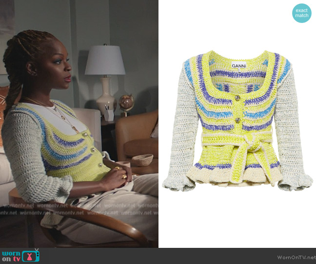 Ganni Crochet cotton-blend cardigan worn by Vanessa Johnson (Samantha Marie Ware) on All Rise