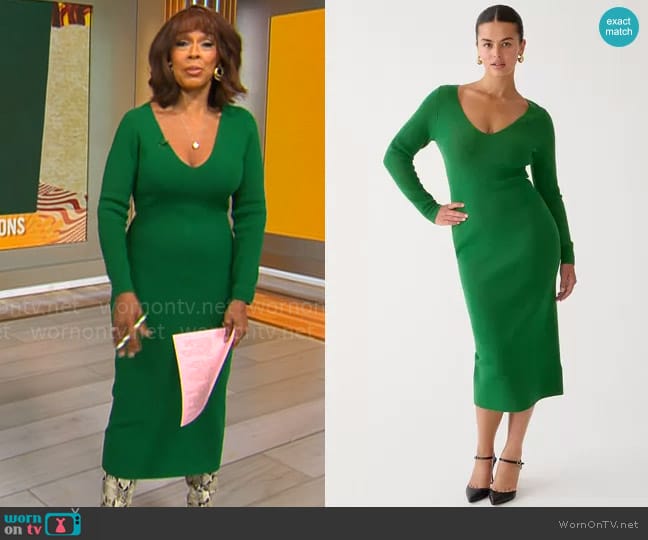 J. Crew Long-sleeve V-neck ribbed sweater-dress in Jungle Green worn by Gayle King on CBS Mornings
