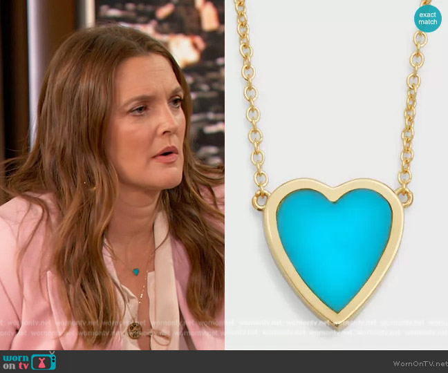 Jennifer Meyer 18k Mini Inlay Heart Necklace worn by Drew Barrymore on The Drew Barrymore Show