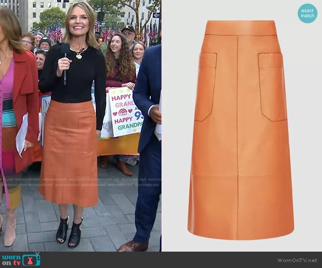 Joseph Blomfield Paneled Leather Midi Skirt worn by Savannah Guthrie on Today