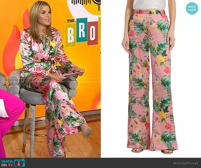 L'Agence Gavin Floral Silk Satin Wide-Leg Pants in Pink Blush Tropical Floral worn by Jenna Bush Hager on Today