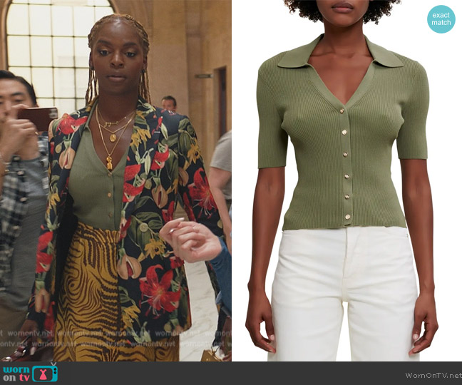 Maje Mimosally Rib Short Sleeve Button-Up Sweater worn by Vanessa Johnson (Samantha Marie Ware) on All Rise