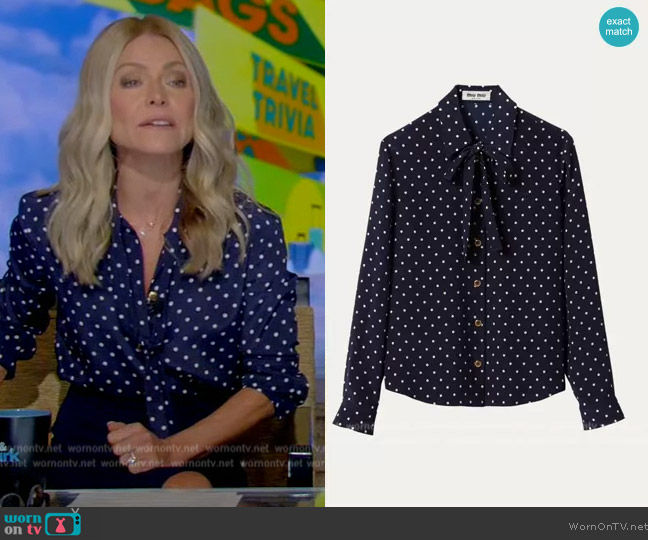 Miu Miu Polka-Dot Silk Scarf-Neck Shirt worn by Kelly Ripa on Live with Kelly and Mark