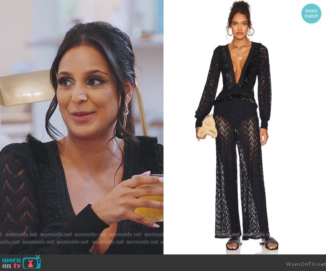 PatBO x Alessandra Ambrosio Fringe Trim Cutout Jumpsuit worn by Jessel Taank on The Real Housewives of New York City
