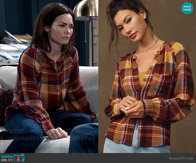 Pilcro Relaxed Plaid Buttondown Shirt in Red worn by Elizabeth Webber (Rebecca Herbst) on General Hospital