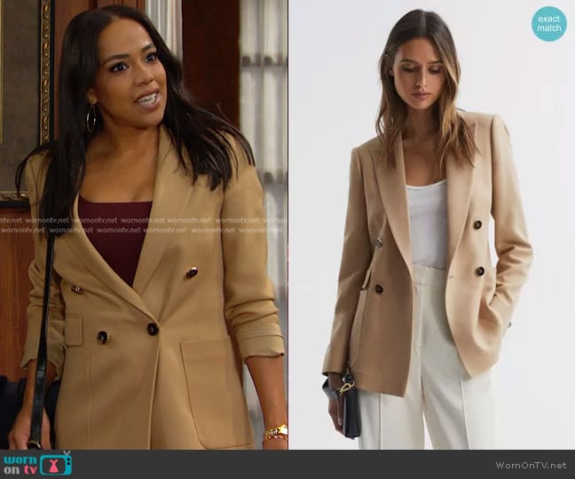 Reiss Larsson Double Breasted Twill Jacket in Light Camel worn by Jada Hunter (Elia Cantu) on Days of our Lives