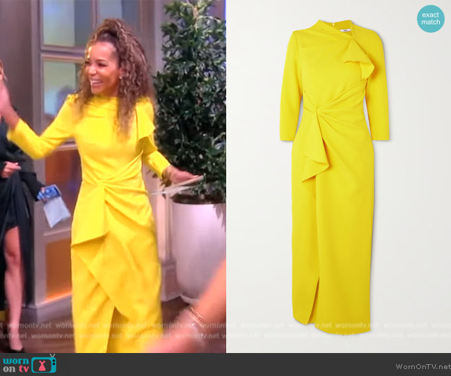 Safiyaa Avery draped gathered stretch-crepe midi dress worn by Sunny Hostin on The View