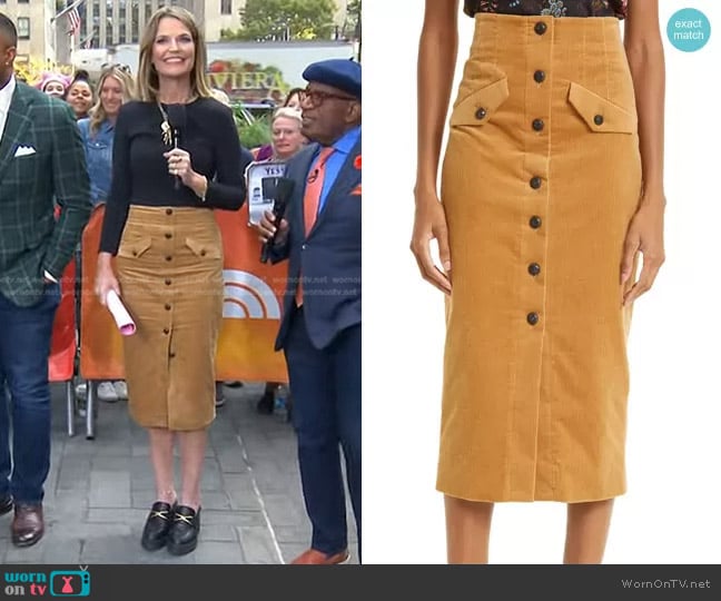 Veronica Beard Barrie Corduroy Midi Skirt in Khaki worn by Savannah Guthrie on Today