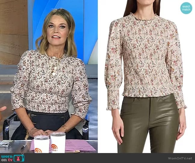Veronica Beard Kali Floral Smocked Blouse in Ecru Multi worn by Savannah Guthrie on Today