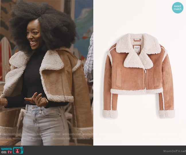 Abercrombie and Fitch Cropped Vegan Suede Shearling Jacket worn by Venita Aspen on Southern Charm