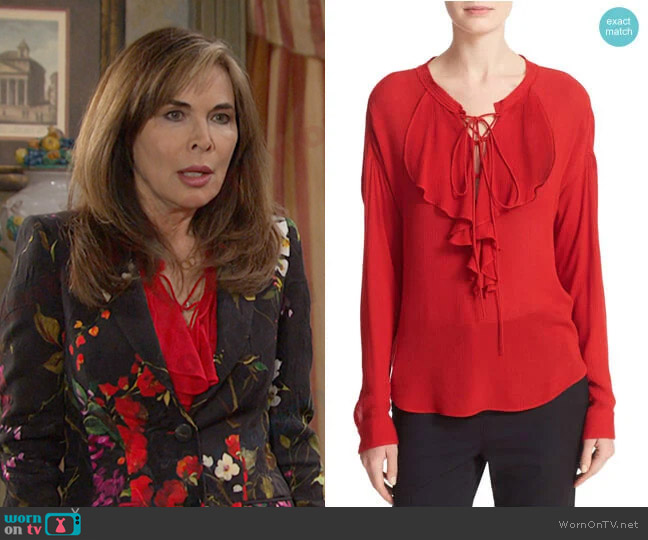 The Kooples Lace-Up Silk Ruffle Blouse worn by Kate Roberts (Lauren Koslow) on Days of our Lives