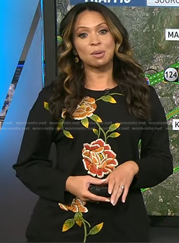 Adelle’s black floral embroidered dress on Today
