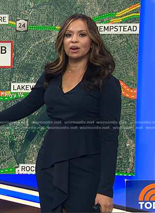 Adelle’s navy ruffle front sheath dress on Today