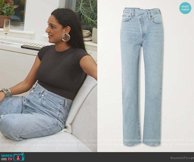 AGOLDE Criss Cross frayed high-rise straight-leg organic jeans worn by Jessel Taank on The Real Housewives of New York City