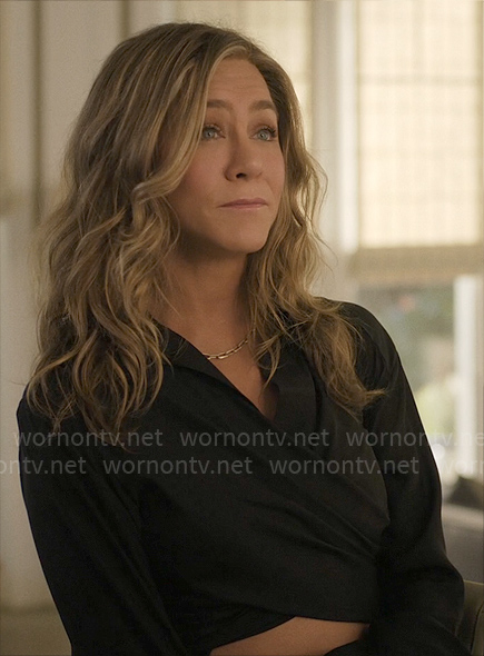 Alex’s black cropped wrap shirt on The Morning Show