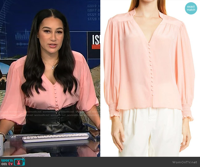 Alice + Olivia Serena Button-front Blouse in Pink worn by Morgan Radford on NBC News Daily