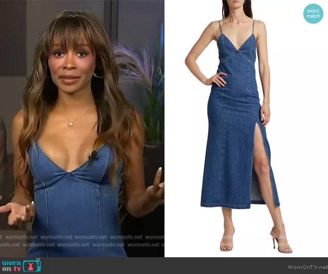 Alice + Olivia Julietta Denim Slip Dress with Slit worn by Zuri Hall on Access Hollywood
