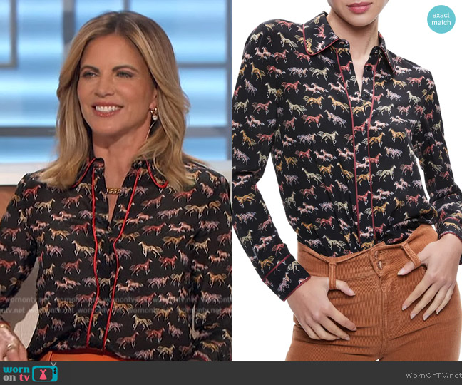 Alice + Olivia Willa Horse Print Piped Silk Shirt worn by Natalie Morales on The Talk