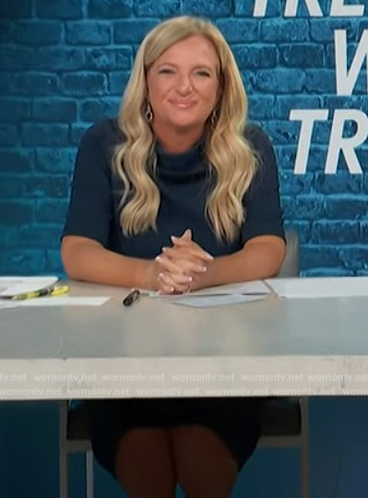 Alison Triessl’s navy cowl neck dress on Access Hollywood