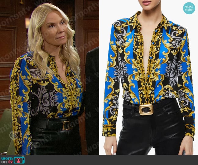 Alice + Olivia Willa Shirt in Regal Romance Sapphire worn by Brooke Logan (Katherine Kelly Lang) on The Bold and the Beautiful