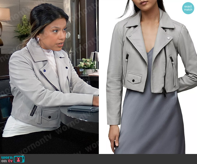 All Saints Elora Jacket in Pale Grey worn by Alison 'Blaze' Rogers (Jacqueline Grace Lopez) on General Hospital