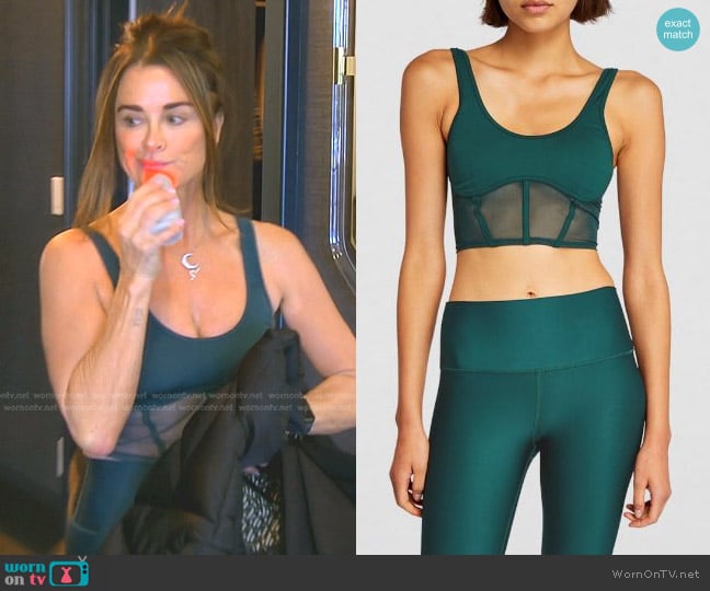 Alo Yoga Mesh Airbrush Corset Tank Top in Midnight Green worn by Kyle Richards on The Real Housewives of Beverly Hills
