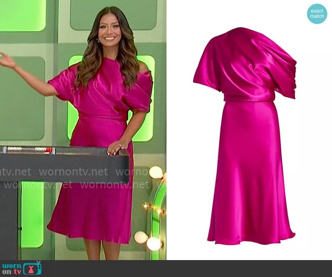 Amsale Draped Satin One-Shoulder Dress in Fuchsia worn by Manuela Arbeláez on The Price is Right