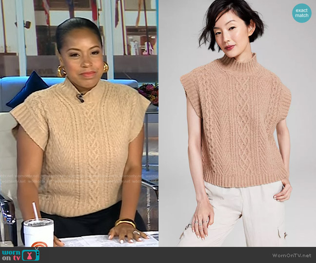 And Now This Cable-Knit Mock-Neck Sleeveless Sweater in Almond worn by Sheinelle Jones on Today