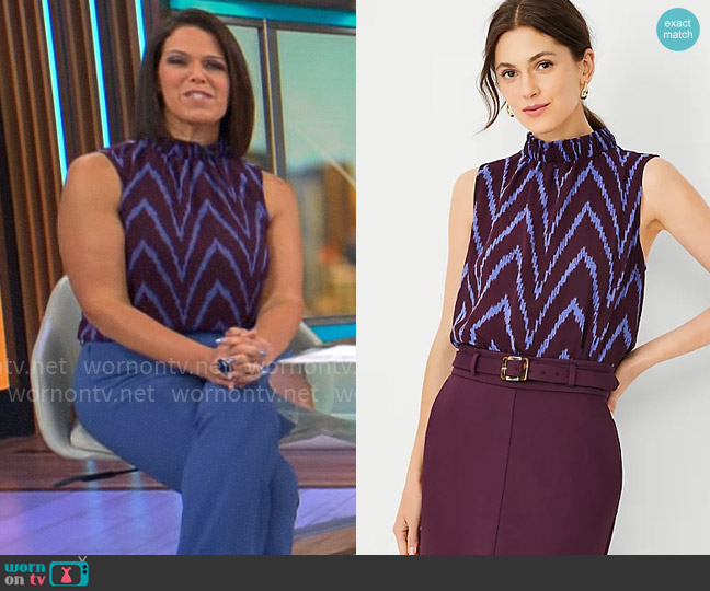 Ann Taylor Chiffon Mixed Media Ruffle Mock Neck Top in Plum Rose worn by Dana Jacobson on CBS Mornings