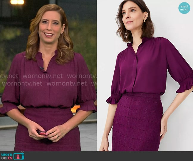 Ann Taylor Shirred Yoke Puff Sleeve Top in Plum Glow worn by Stephanie Abrams on CBS Mornings