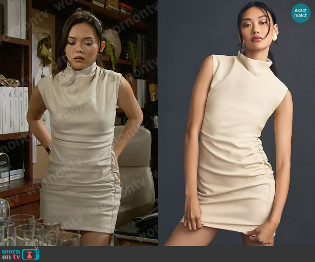 Anthropologie The Maya Ruched Cowl-Neck Dress: Faux Leather Mini Edition in Cloud Dancer worn by Luna (Lisa Yamada) on The Bold and the Beautiful