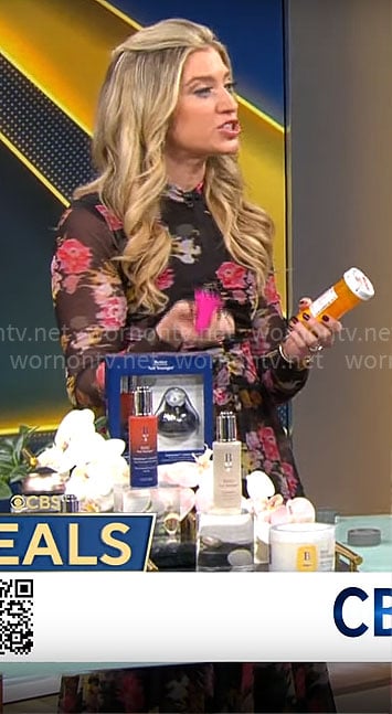 Ashley Bellman’s long black floral dress on CBS Mornings