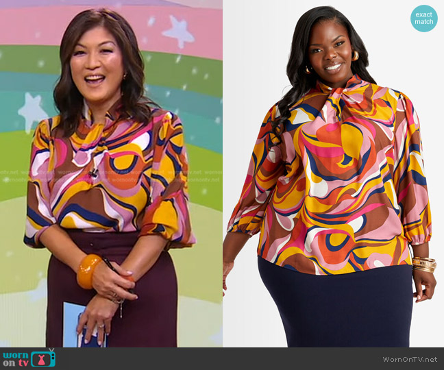 Ashley Stewart Twist Front Printed Crepe Blouse in Potters Clay worn by Juju Chang on Good Morning America