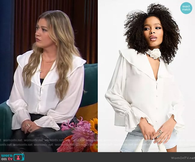 Asos Blouse with Ruffle Corsage Collar worn by Kelly Clarkson on The Kelly Clarkson Show