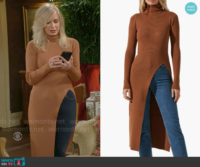 ASTR The Label High Slit Turtleneck Sweater in Camel worn by Ashley Abbott (Eileen Davidson) on The Young and the Restless
