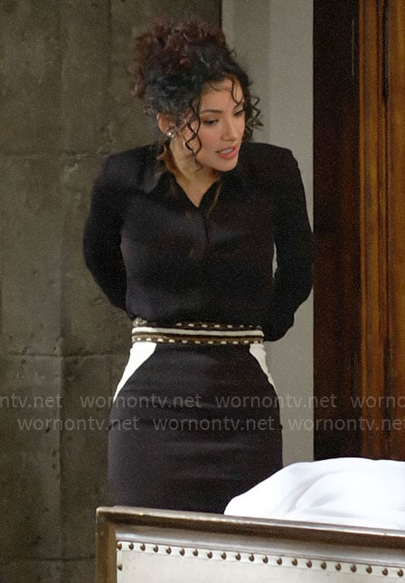 Audra’s black and white pencil skirt with beaded belt on The Young and the Restless