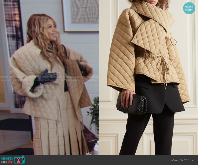 A.W.A.K.E. Mode Scarf-Embellished Quilted Padded Shell Jacket worn by Mary Cosby on The Real Housewives of Salt Lake City