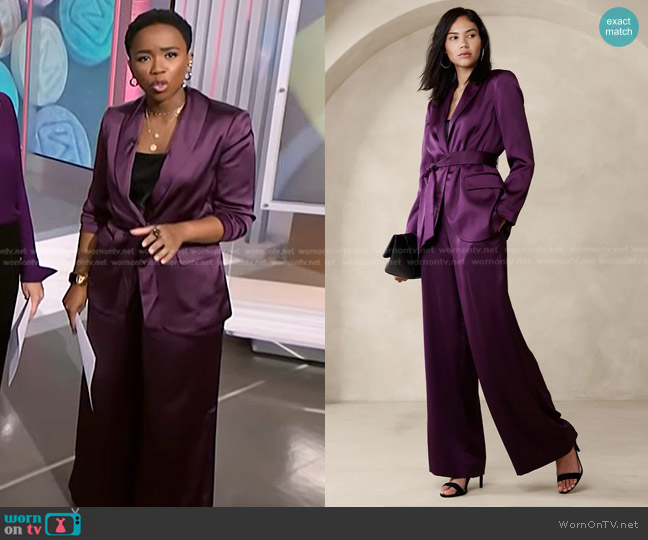 Banana Republic Satin Tie Waist Blazer in New Pinot Noir worn by Zinhle Essamuah on NBC News Daily