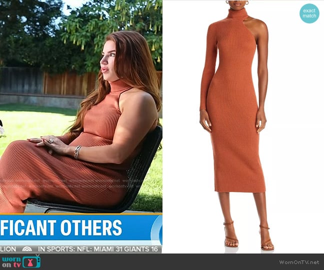 Bardot Asymmetric Single Long Sleeve Midi Dress in Toffee worn by Mindy Armstead on Today