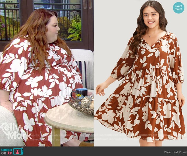 Bloom Chic Silhouette Floral Print Knot Neck Lantern Sleeve Dress worn by Chrissy Metz on Live with Kelly and Mark