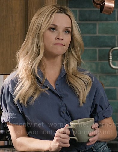 Bradley’s blue short sleeve button down shirt on The Morning Show
