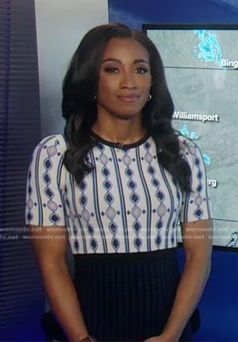 Brittany’s white and blue printed knit dress on Good Morning America