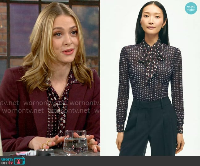 Brooks Brothers Mixed Plaid Print Bow Neck Blouse worn by Claire Grace (Hayley Erin) on The Young and the Restless